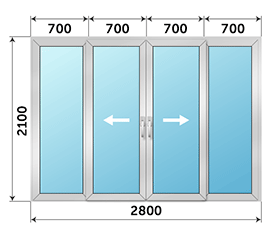 Четырехстворчатая дверь остекленная Alumil Smartia M12500 PHOS 2800x2100
